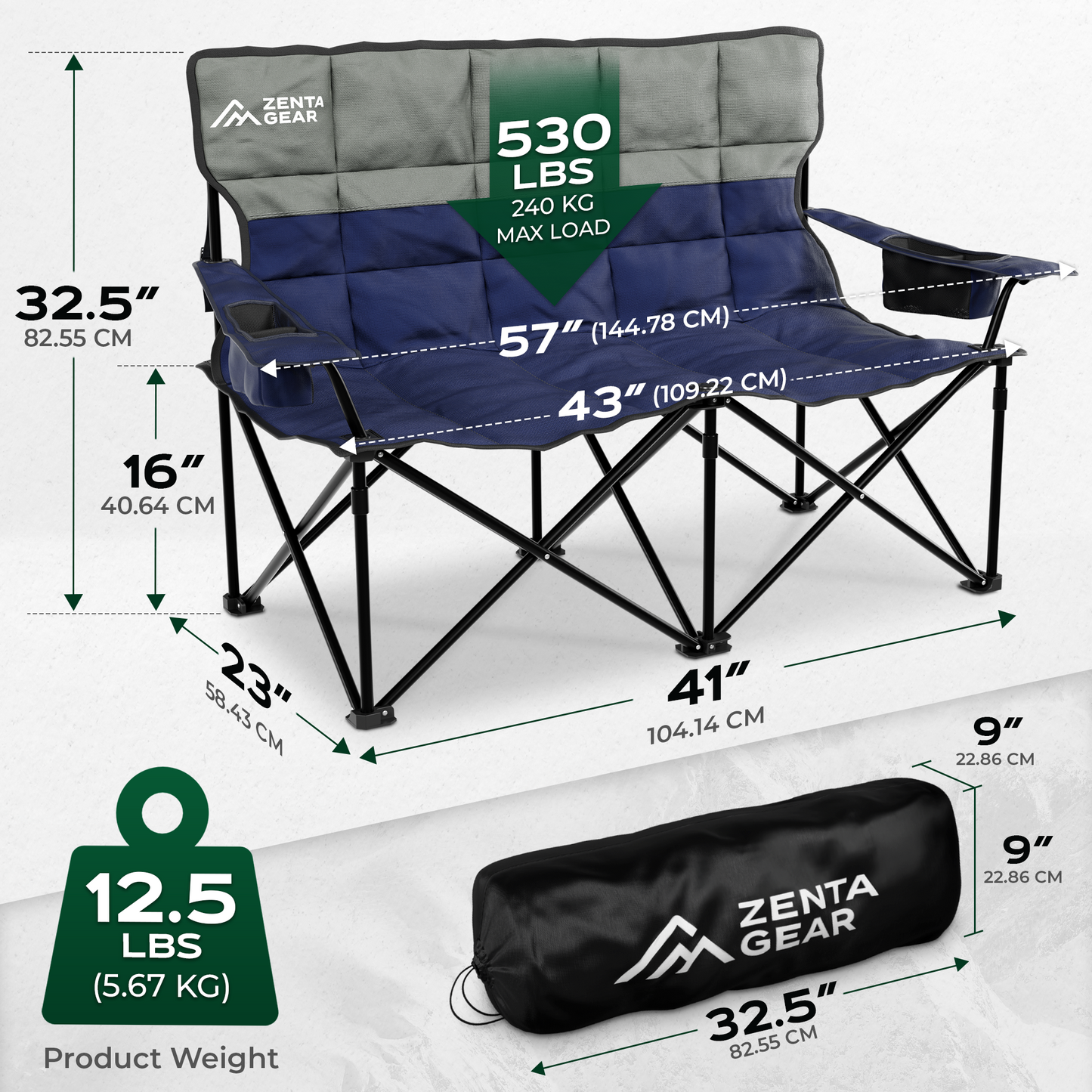 Oversized Fully Padded Double Camping Chair, Portable Folding Loveseat w/Side & Back Pockets, Adjustable Armrests, Double-Sized Cup Holders for Outdoor, Indoor, Supports 530LBS, Dark Navy