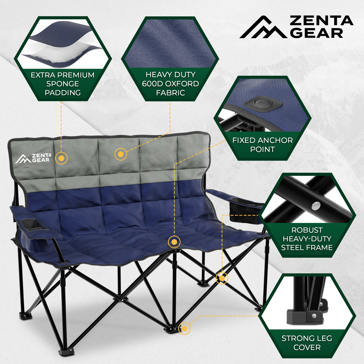 Oversized Fully Padded Double Camping Chair, Portable Folding Loveseat w/Side & Back Pockets, Adjustable Armrests, Double-Sized Cup Holders for Outdoor, Indoor, Supports 530LBS, Dark Navy