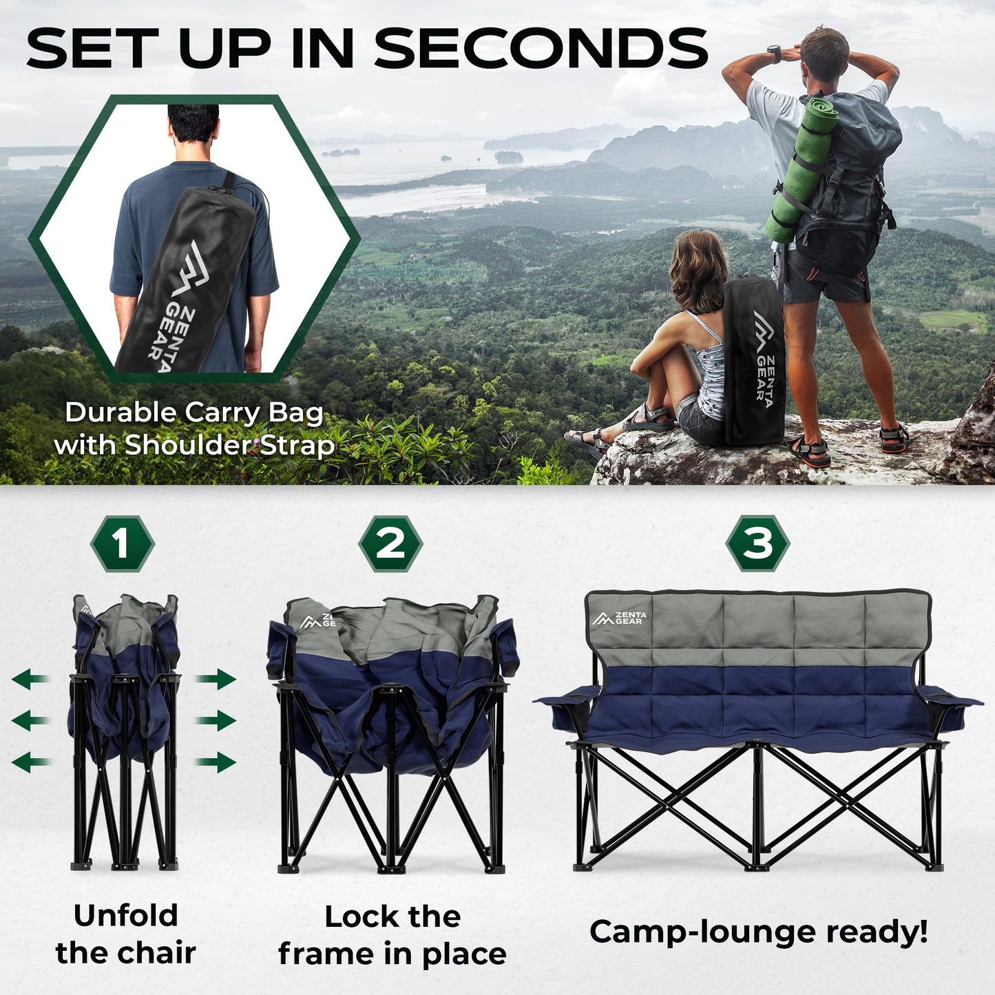 Oversized Fully Padded Double Camping Chair, Portable Folding Loveseat w/Side & Back Pockets, Adjustable Armrests, Double-Sized Cup Holders for Outdoor, Indoor, Supports 530LBS, Dark Navy