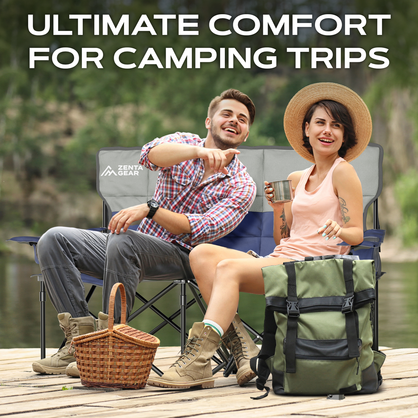 Oversized Fully Padded Double Camping Chair, Portable Folding Loveseat w/Side & Back Pockets, Adjustable Armrests, Double-Sized Cup Holders for Outdoor, Indoor, Supports 530LBS, Dark Navy