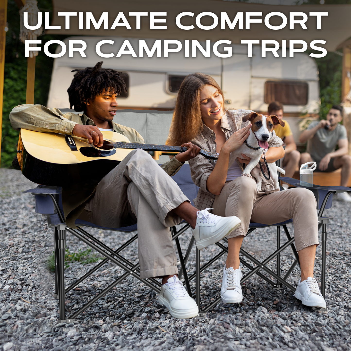 Oversized Fully Padded Double Camping Chair, Portable Folding Loveseat w/Side & Back Pockets, Adjustable Armrests, Double-Sized Cup Holders for Outdoor, Indoor, Supports 530LBS, Dark Navy