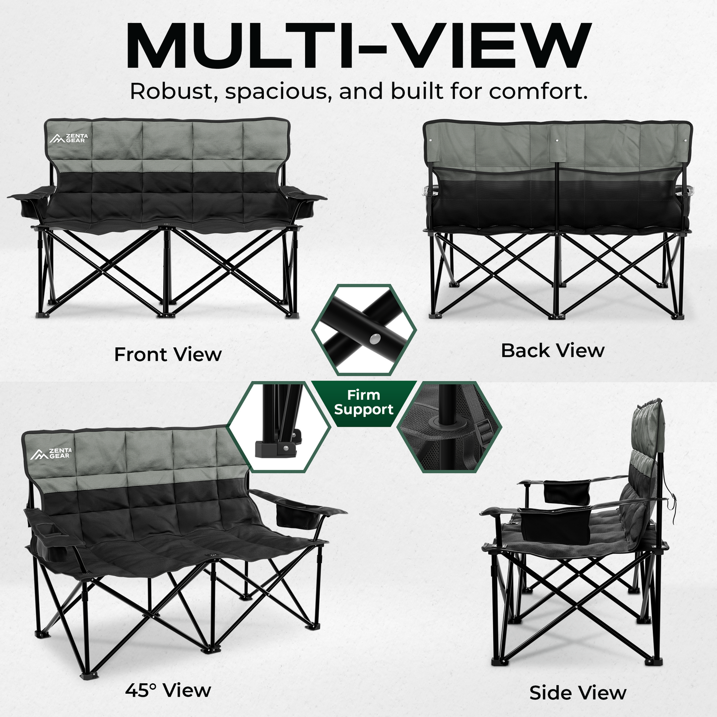 ZENTA GEAR Oversized Fully Padded Double Camping Chair, Portable Folding Loveseat w/Side & Back Pockets, Adjustable Armrests, Double-Sized Cup Holders for Outdoor, Indoor, Supports 530LBS, Black