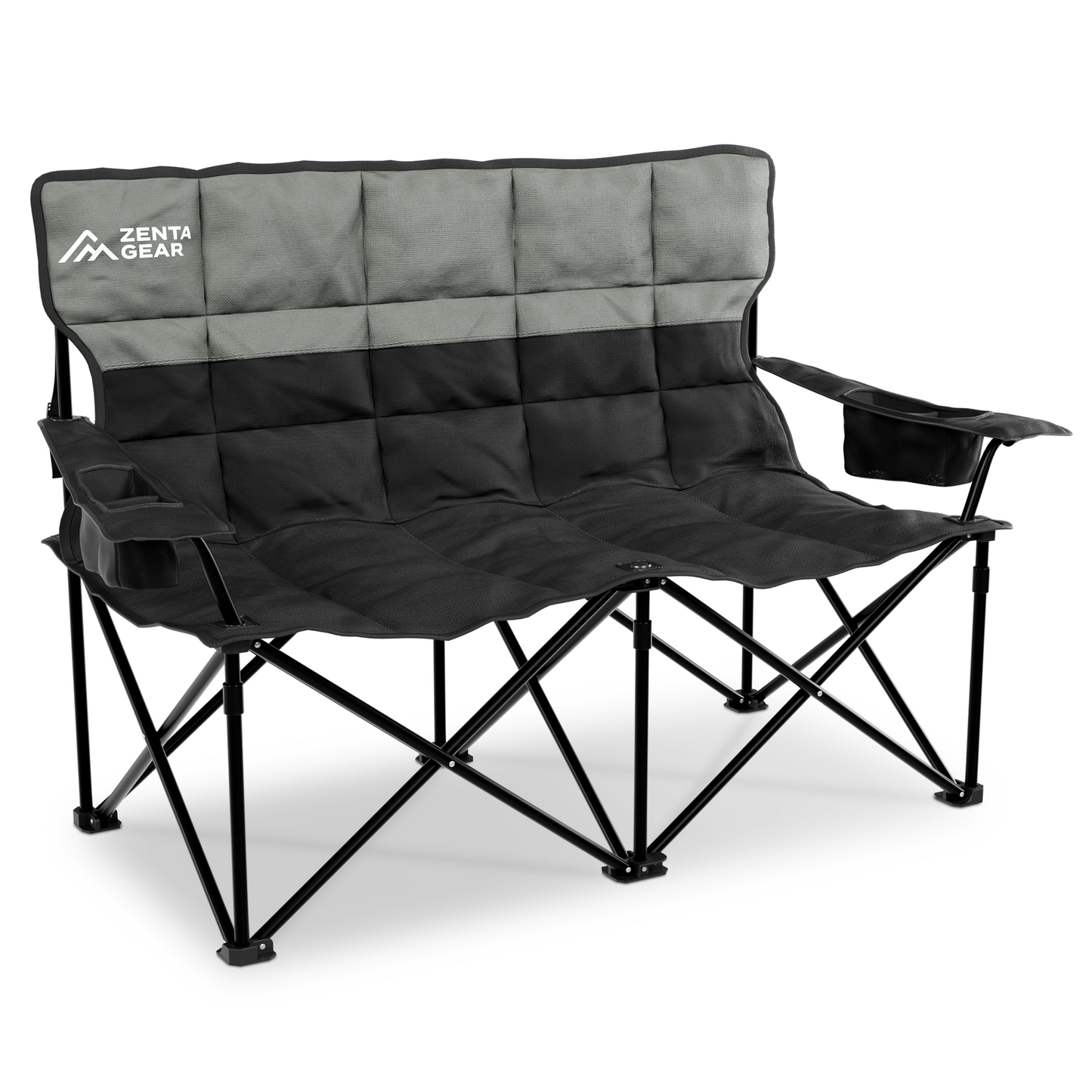 ZENTA GEAR Oversized Fully Padded Double Camping Chair, Portable Folding Loveseat w/Side & Back Pockets, Adjustable Armrests, Double-Sized Cup Holders for Outdoor, Indoor, Supports 530LBS, Black