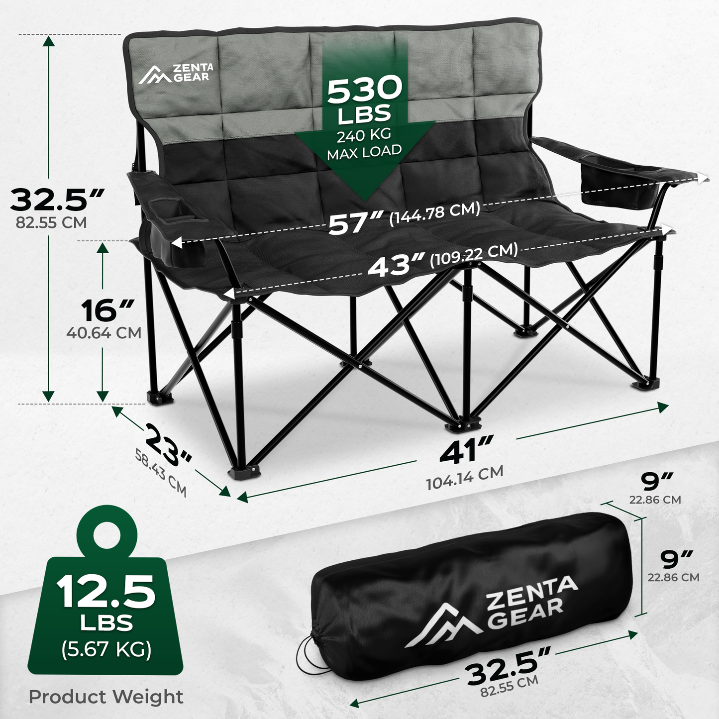 ZENTA GEAR Oversized Fully Padded Double Camping Chair, Portable Folding Loveseat w/Side & Back Pockets, Adjustable Armrests, Double-Sized Cup Holders for Outdoor, Indoor, Supports 530LBS, Black
