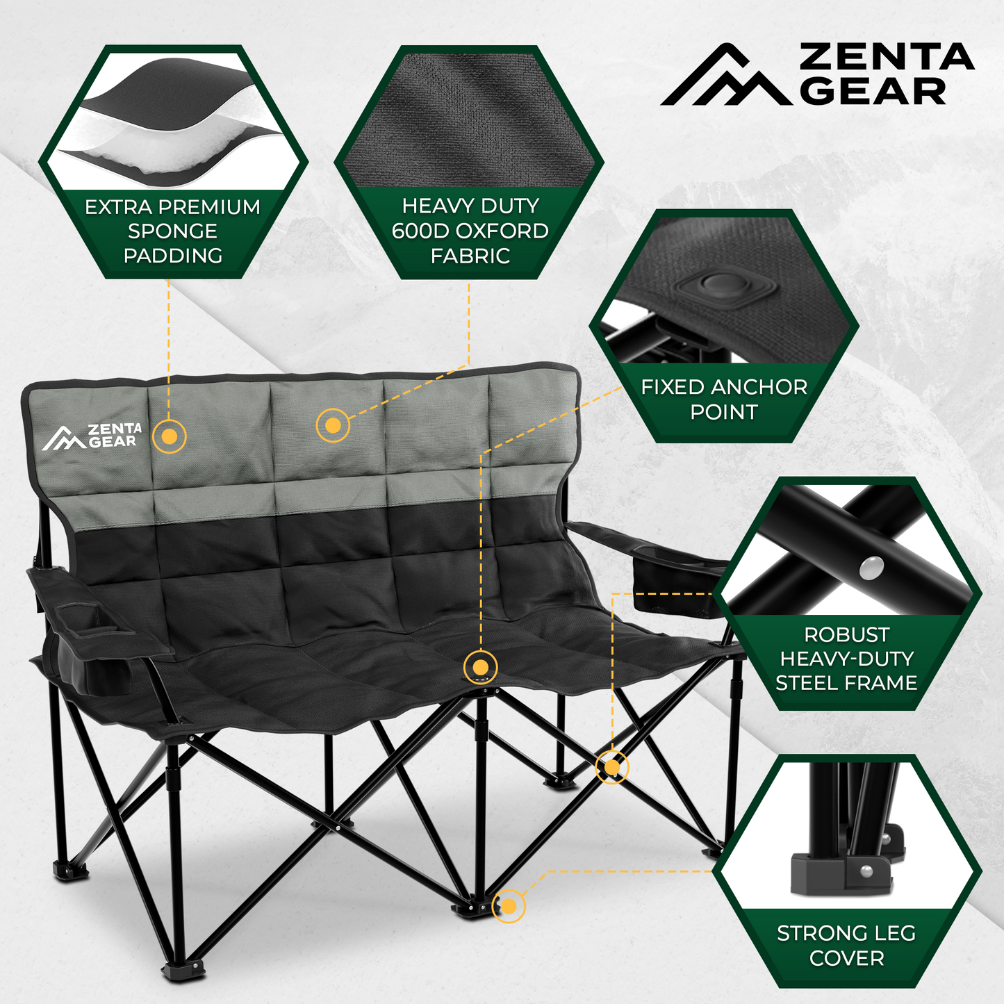ZENTA GEAR Oversized Fully Padded Double Camping Chair, Portable Folding Loveseat w/Side & Back Pockets, Adjustable Armrests, Double-Sized Cup Holders for Outdoor, Indoor, Supports 530LBS, Black