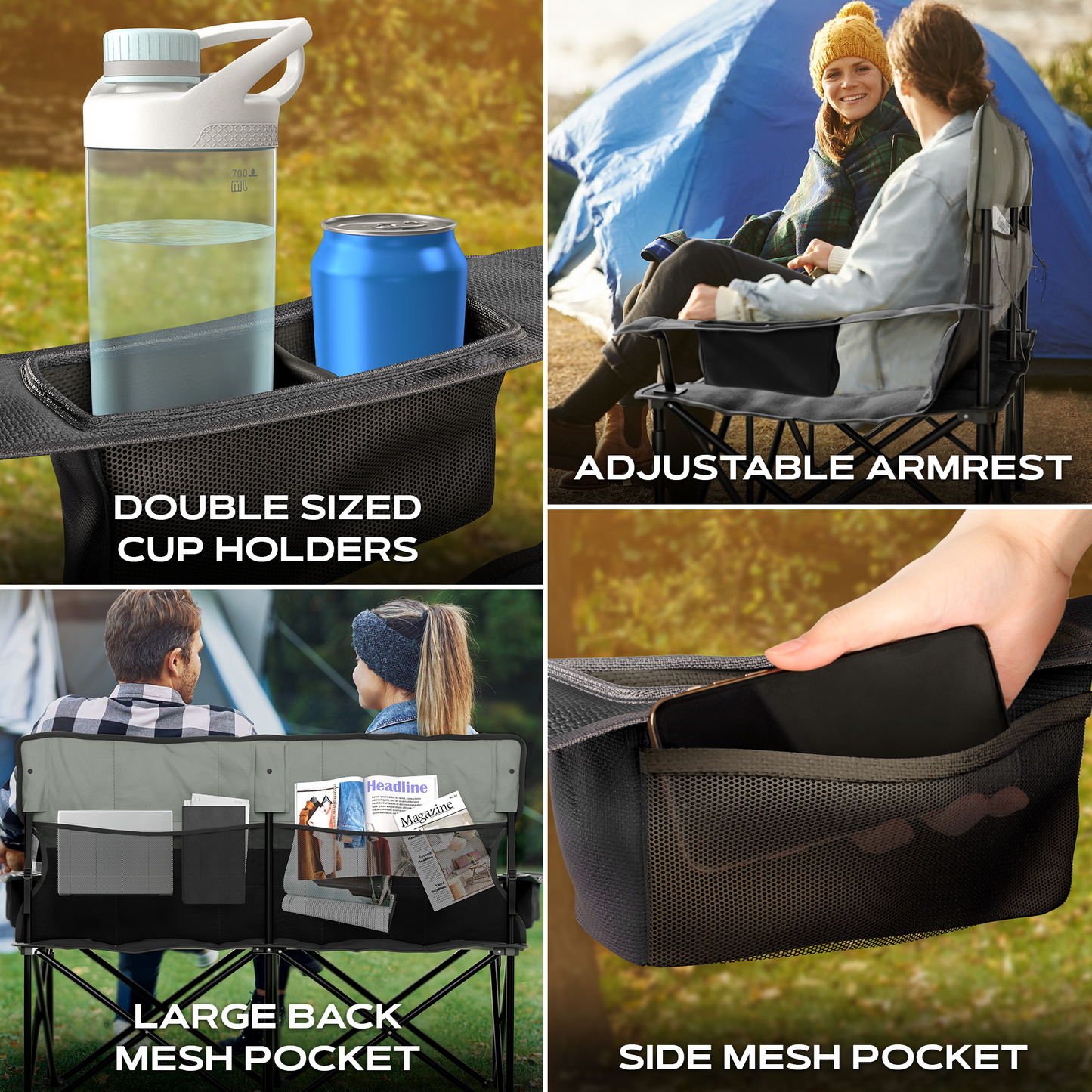 ZENTA GEAR Oversized Fully Padded Double Camping Chair, Portable Folding Loveseat w/Side & Back Pockets, Adjustable Armrests, Double-Sized Cup Holders for Outdoor, Indoor, Supports 530LBS, Black