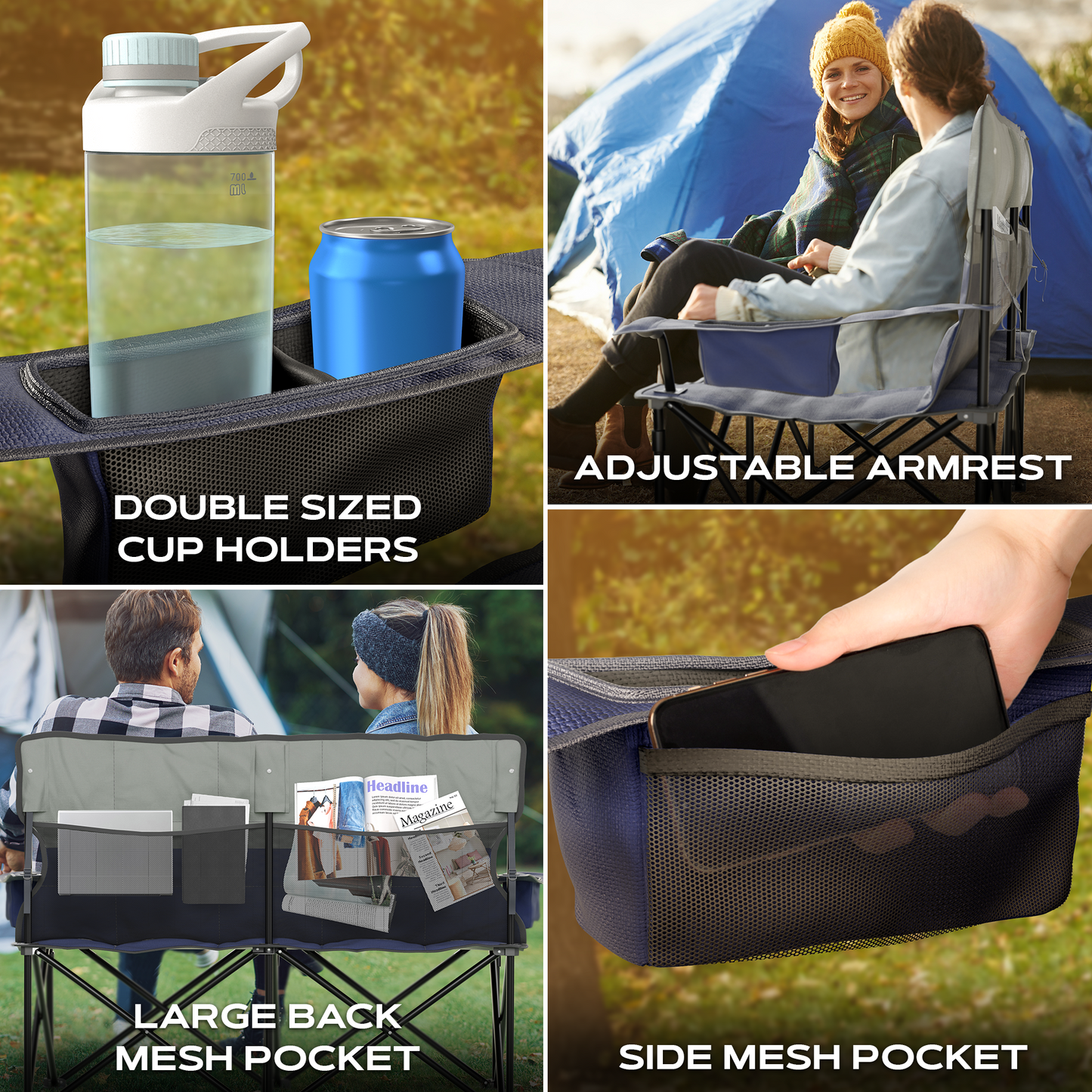 Oversized Fully Padded Double Camping Chair, Portable Folding Loveseat w/Side & Back Pockets, Adjustable Armrests, Double-Sized Cup Holders for Outdoor, Indoor, Supports 530LBS, Dark Navy