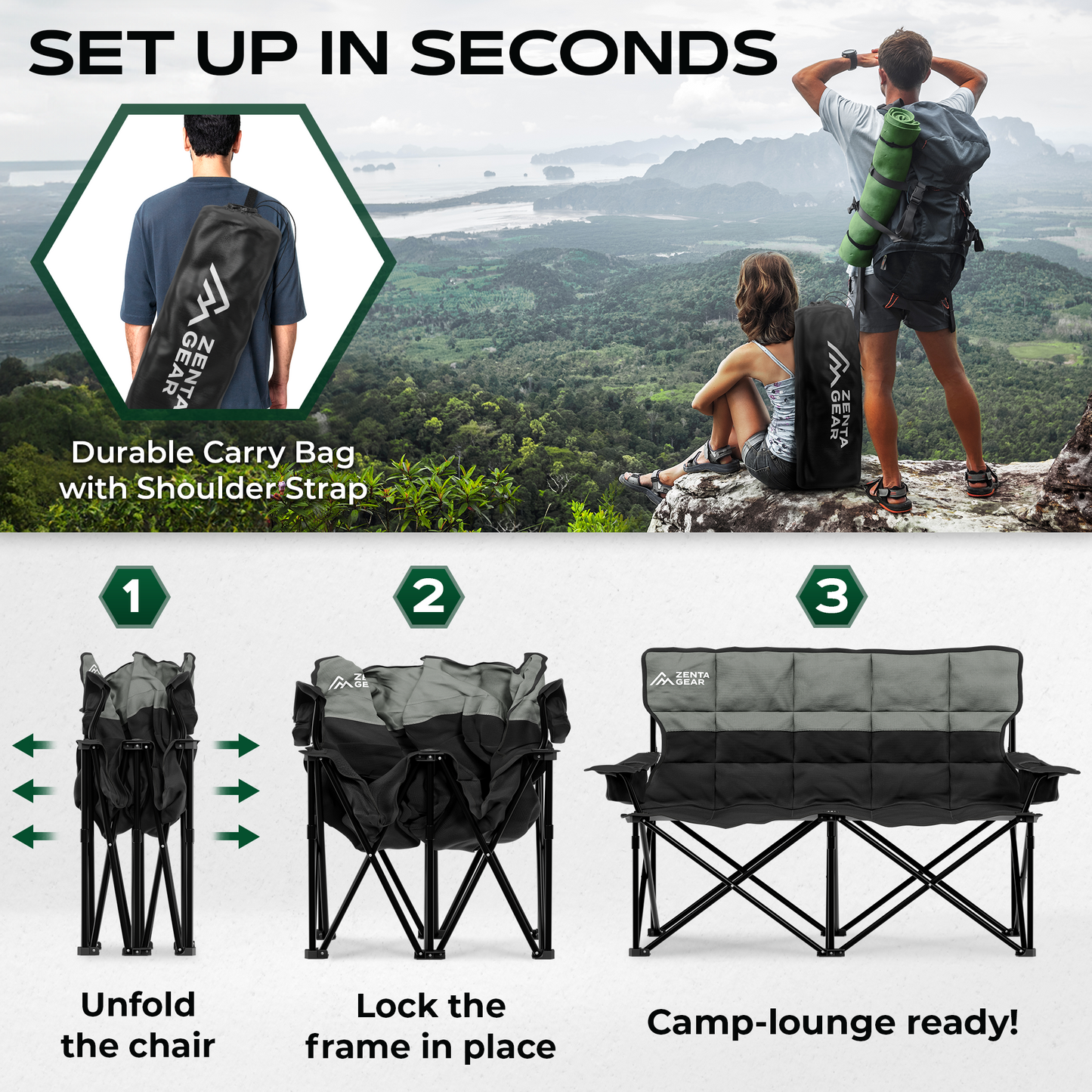 ZENTA GEAR Oversized Fully Padded Double Camping Chair, Portable Folding Loveseat w/Side & Back Pockets, Adjustable Armrests, Double-Sized Cup Holders for Outdoor, Indoor, Supports 530LBS, Black