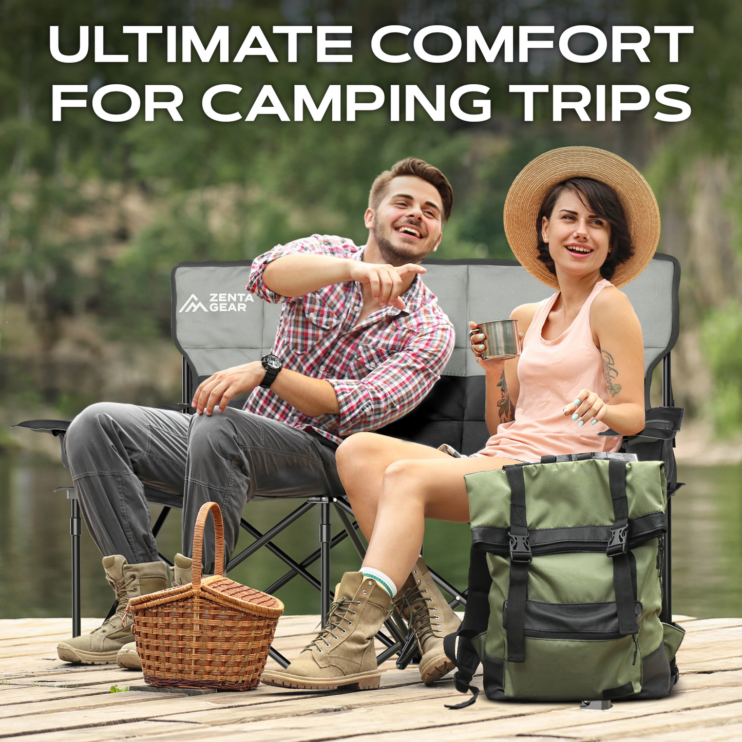 ZENTA GEAR Oversized Fully Padded Double Camping Chair, Portable Folding Loveseat w/Side & Back Pockets, Adjustable Armrests, Double-Sized Cup Holders for Outdoor, Indoor, Supports 530LBS, Black