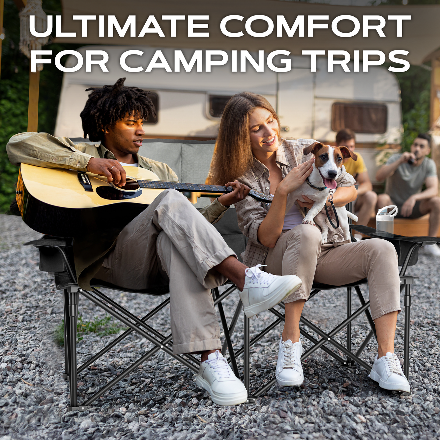 ZENTA GEAR Oversized Fully Padded Double Camping Chair, Portable Folding Loveseat w/Side & Back Pockets, Adjustable Armrests, Double-Sized Cup Holders for Outdoor, Indoor, Supports 530LBS, Black