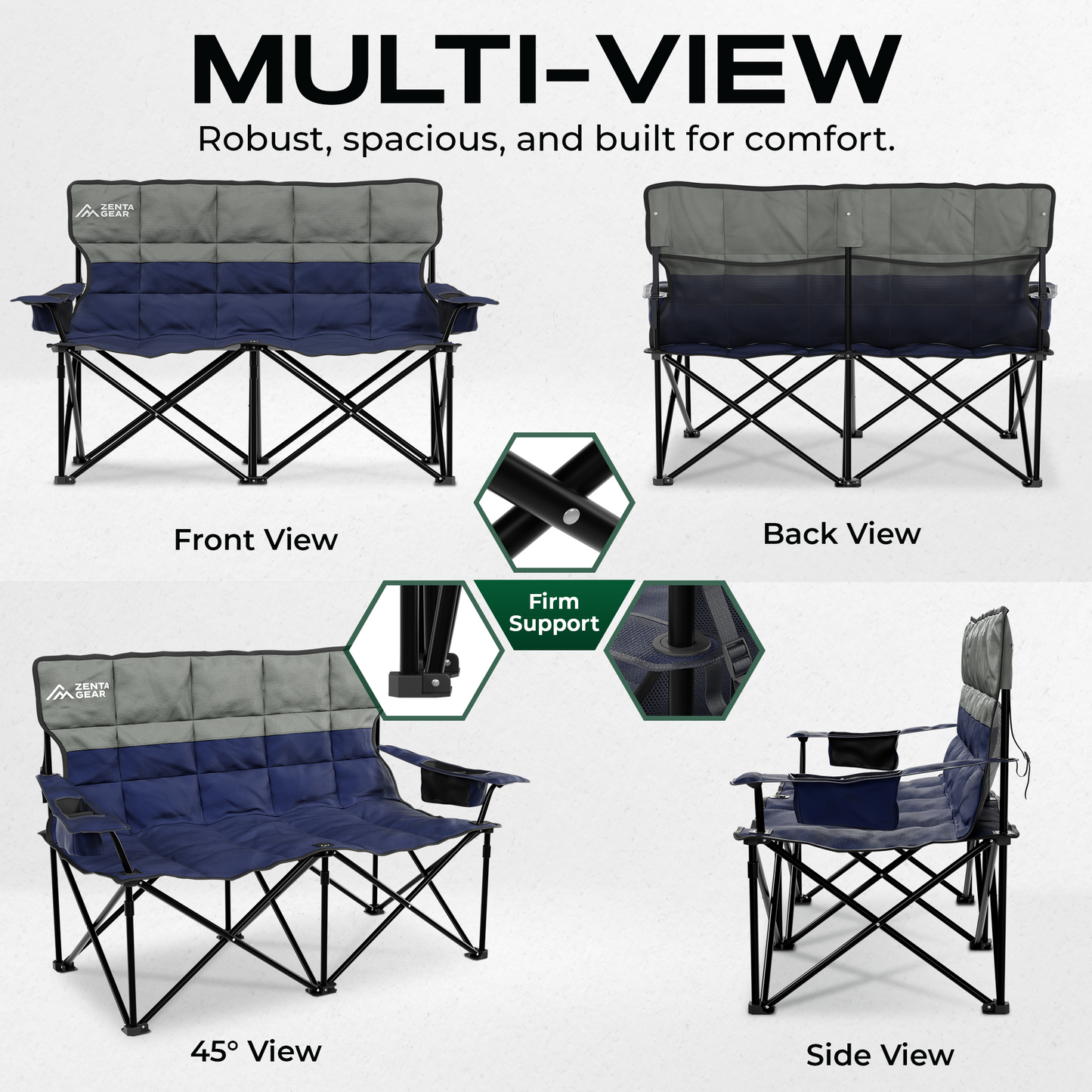 Oversized Fully Padded Double Camping Chair, Portable Folding Loveseat w/Side & Back Pockets, Adjustable Armrests, Double-Sized Cup Holders for Outdoor, Indoor, Supports 530LBS, Dark Navy